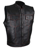 Club Vest Men's Black Naked Cowhide Leather Motorcycle Vest W/ Red Stitching Jimmy Lee Leathers Club Vest