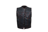 Club Vest, Mens Naked Cowhide Leather No Collar Red Stitching Motorcycle Vest Jimmy Lee Leathers Club Vest