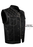 Jimmy Lee Leathers Mens Black Vest Diamond Design leather over denim white stitching Jimmy Lee Leathers Club Vest