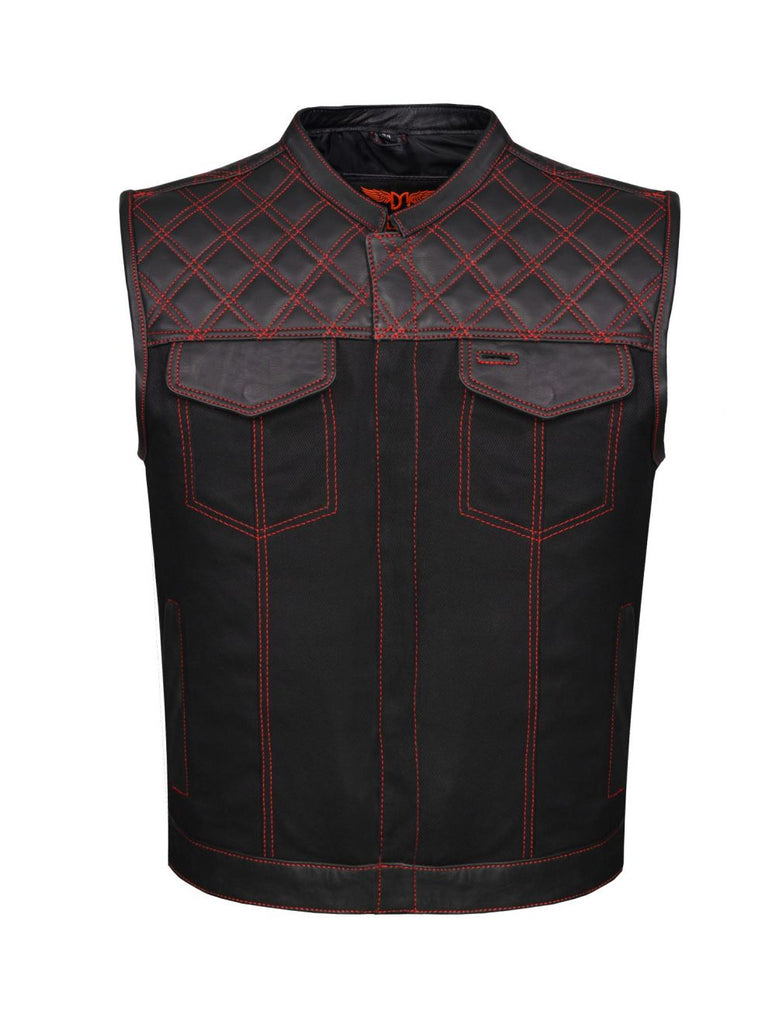 Jimmy Lee Leathers Mens Denim & Leather Motorcycle Club Vest Red Thread ...