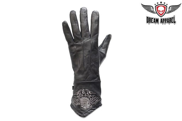 Ladies Lightweight Leather Motorcycle Gloves W/ Stitched Eagle Jimmy Lee Leathers Club Vest