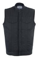 MEN'S BLACK DENIM SINGLE BACK PANEL CONCEALMENT VEST W/REMOVABLE HOOD Jimmy Lee Leathers Club Vest