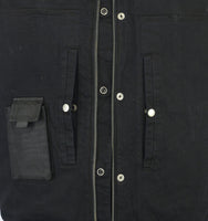 MEN'S BLACK DENIM SINGLE PANEL CONCEALMENT VEST W/ LEATHER TRIM Jimmy Lee Leathers Club Vest