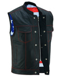 MEN’S LEATHER VEST WITH RED STITCHING AND USA INSIDE FLAG LINING Jimmy Lee Leathers Club Vest