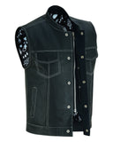 MEN’S PAISLEY BLACK LEATHER MOTORCYCLE VEST WITH WHITE STITCHING Jimmy Lee Leathers Club Vest
