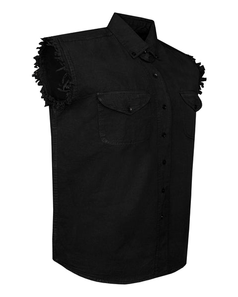 Mens Biker Cut off Biker Cotton Shirt Solid Black Jimmy Lee Leathers Club Vest