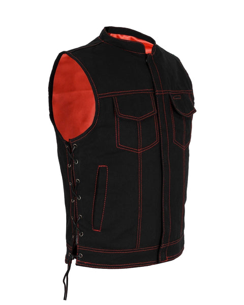 Mens Motorcycle Club Vest Black Denim CCW Side Laces Red Thread Red Liner by Jimmy Lee Leathers Jimmy Lee Leathers Club Vest