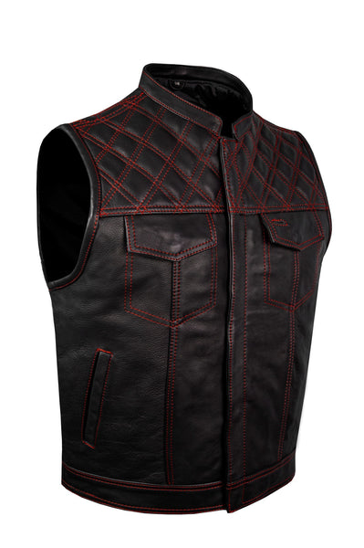 Mens Naked Leather Motorcycle Club Vest Red Thread Zipper Front, Diamond Padding by Jimmy Lee Jimmy Lee Leathers Club Vest