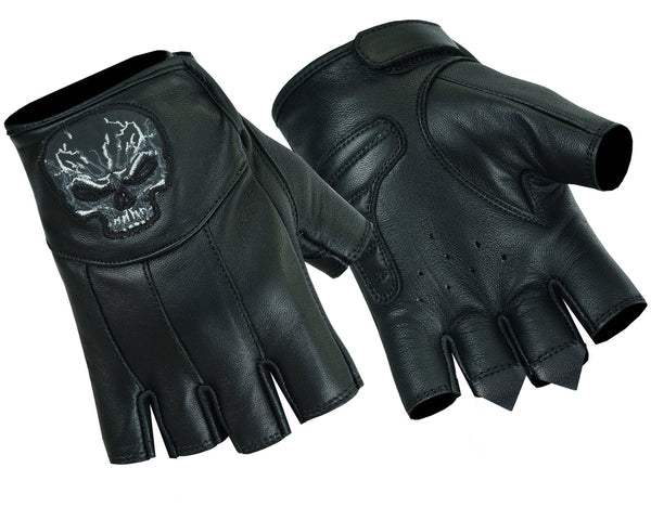 REFLECTIVE SKULL FINGERLESS LEATHER GLOVE Jimmy Lee Leathers Club Vest