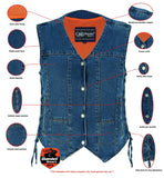 WOMEN'S 6 POCKET DENIM UTILITY VEST - BLUE Jimmy Lee Leathers Club Vest