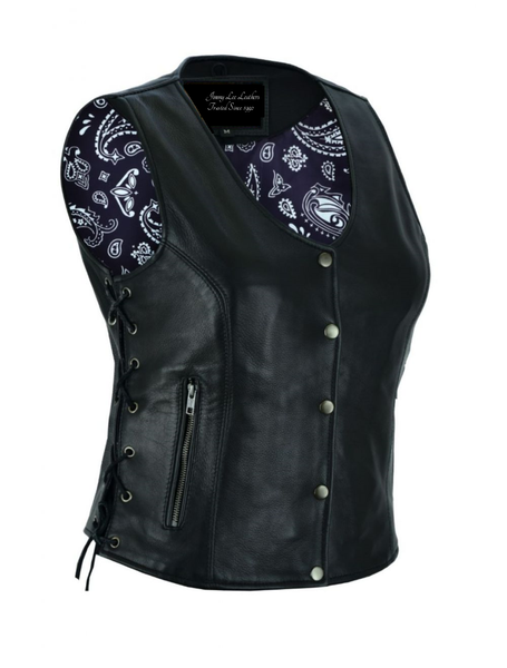 Women Motorcycle Vest Purple Paisley Lining Side Laces by Jimmy Lee Leathers Jimmy Lee Leathers Club Vest
