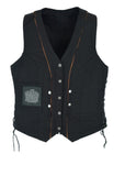 Women's Black Denim CCW Motorcycle Vest w/ Black Leather Braiding by Jimmy Lee Leathers Jimmy Lee Leathers Club Vest